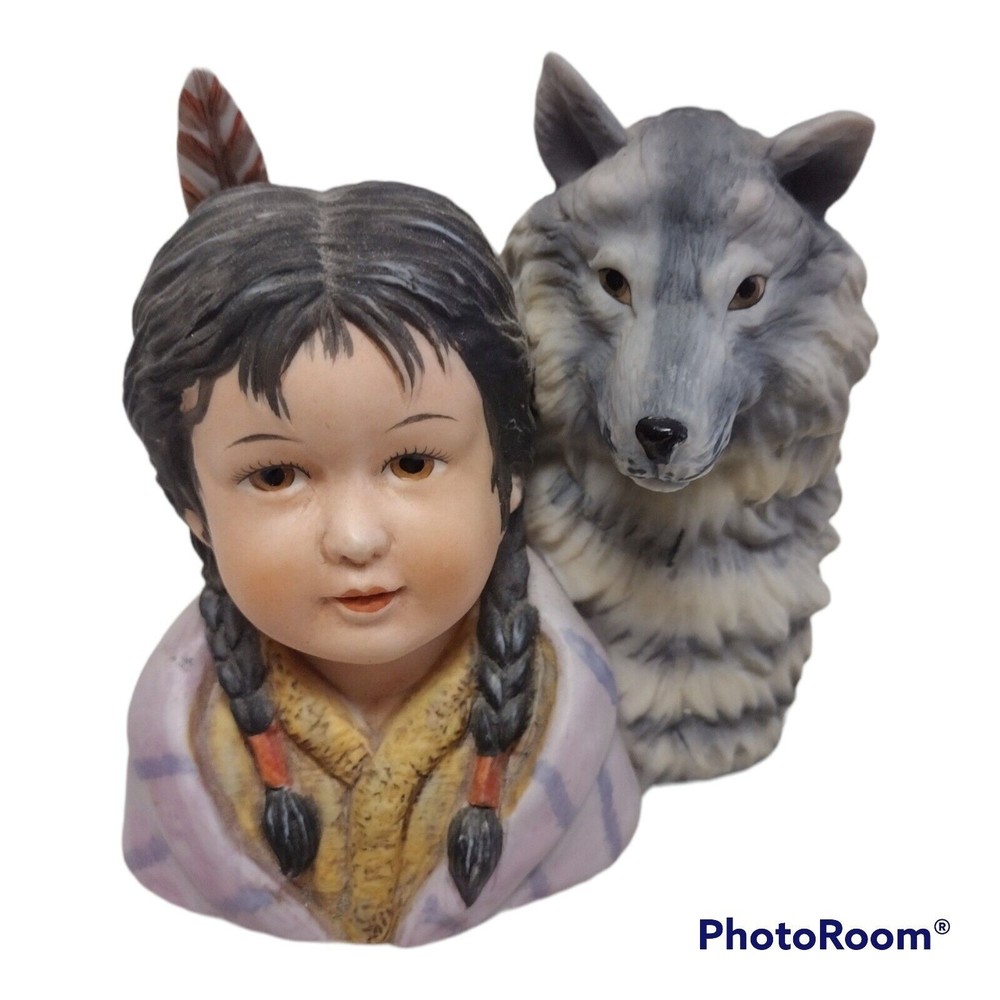 Loyal Alliance Native American Child with Wolf Bust Figurine Perillo Vintage